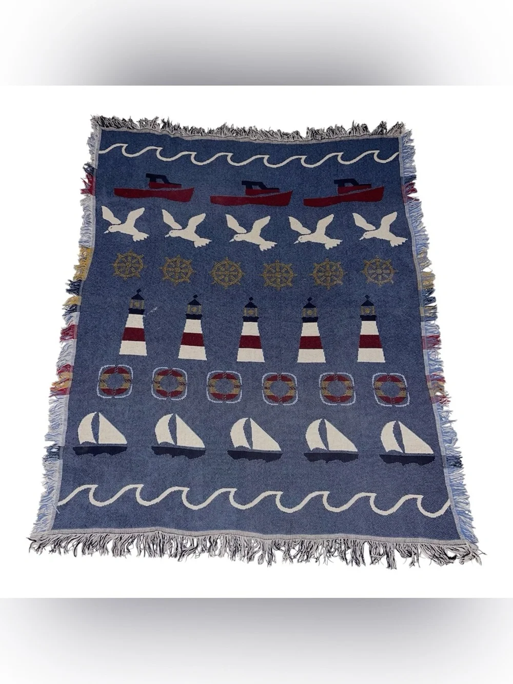 VNTG Nautical Striped Lighthouse Seagull Sailboat Reversible Woven Throw Blanket